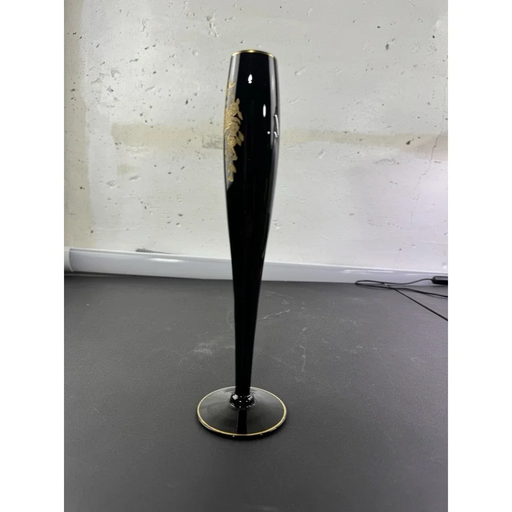 Central Glass Works‎ Bud Vase Black Glass Gold Basket Etch 10 inch